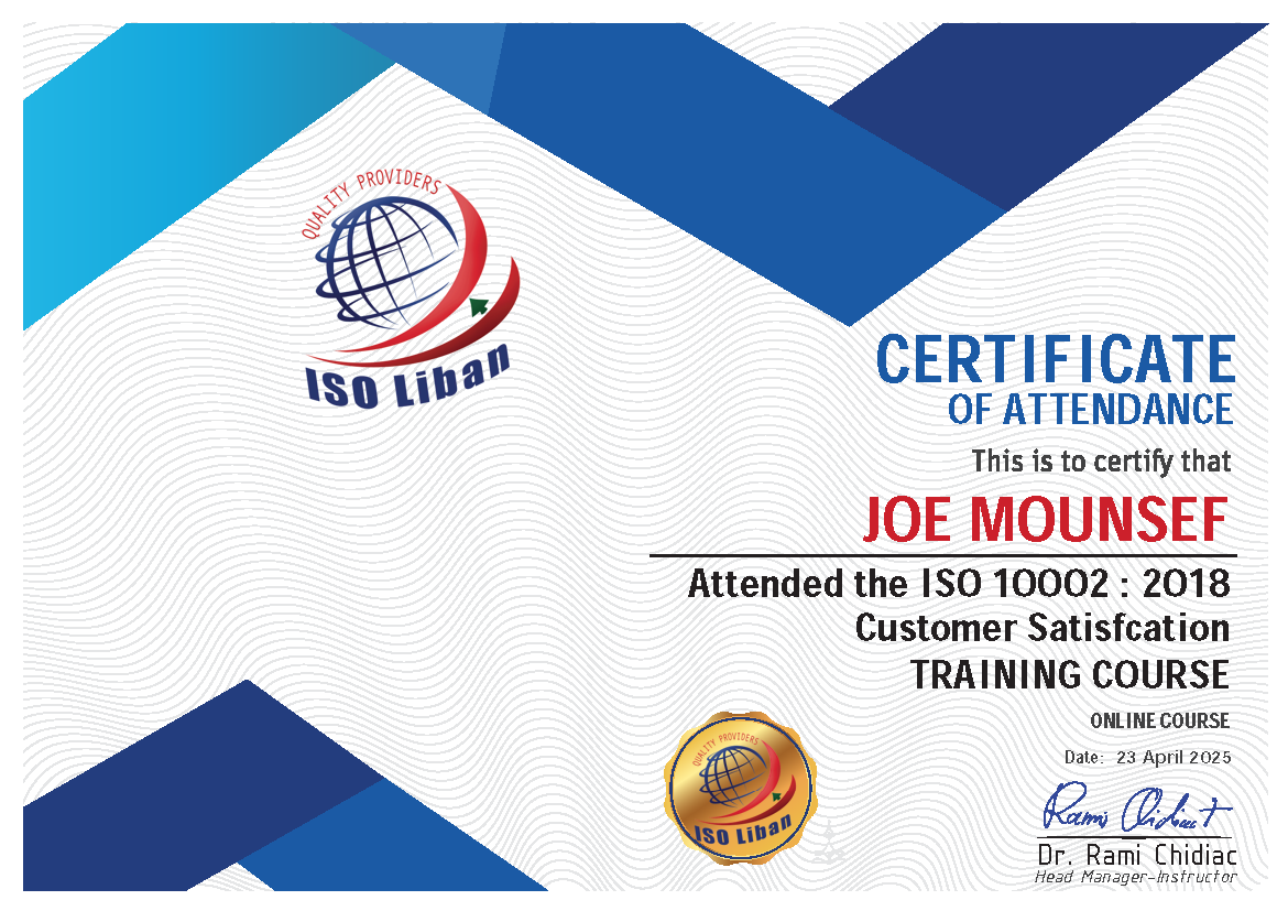 Joe Mounsef ISO Customers Satisfaction Certification
